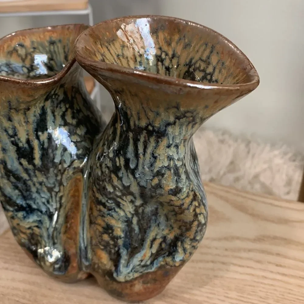 Stoneware Vase Handmade Double Bud Pottery Vase Decor